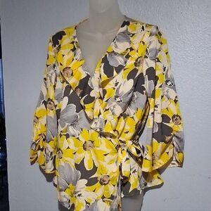 LOFT Puff Sleeve Wrap Blouse in Yellow and White